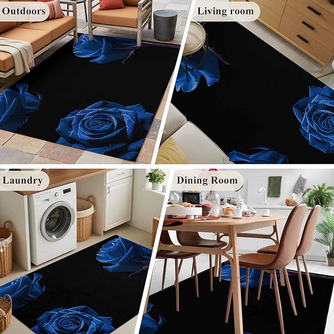 Area Rug 4x6ft, Abstract Garden Blue Rose Washable Rugs for Living Room Bedroom, Classic Country Floral Soft Non-Slip Area Rugs Rectangle Floor Carpet for Dining Room