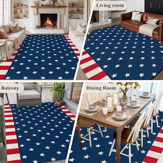 Area Rug 6x9ft, American Independence Day Washable Rugs for Living Room Bedroom, USA Stars on Blue Red White Border Soft Non-Slip Area Rugs Rectangle Floor Carpet for Dining Room