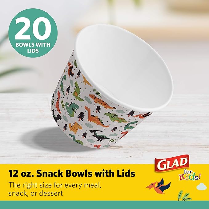 Glad for Kids Dinosaurs Paper Snack Bowls, Colorful Heavy Duty Microwave Safe Disposable Bowls for Soup, Ice Cream, and Snacks, Lids Included, Multicolor, Party Pack, 12 Oz, 20 Count