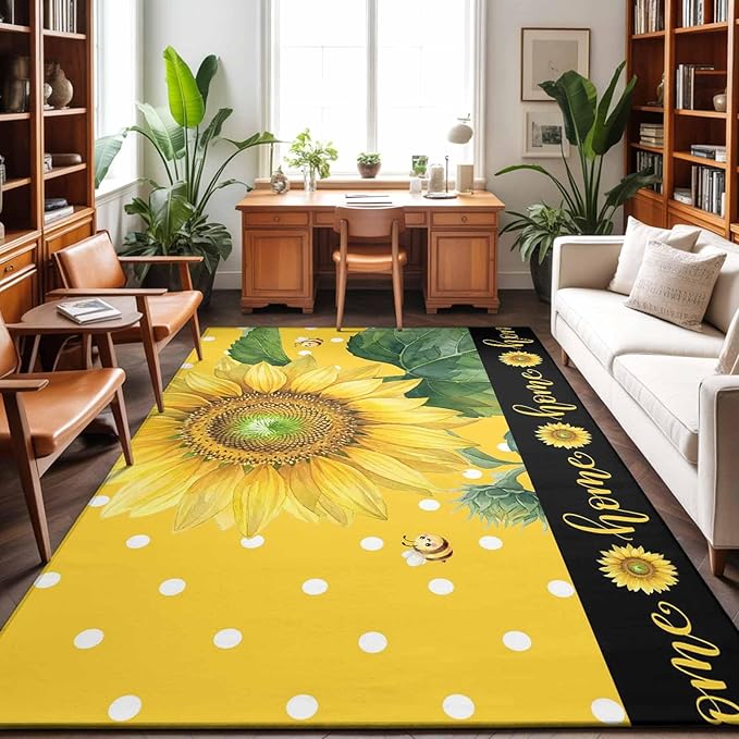 Area Rug 9x12ft, Summer Watercolor Sunflowers Bees Washable Rugs for Living Room Bedroom Rectangle Floor Carpet, Farmhouse Floral Art Soft Non-Slip Area Rugs for Dining Room