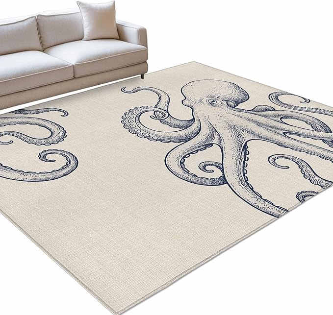 Area Rug 8x10ft, Marine Octopus Sea Monster Washable Rugs for Living Room Bedroom, Farmhouse Ocean Life on Linen Soft Non-Slip Area Rugs Rectangle Floor Carpet for Dining Room