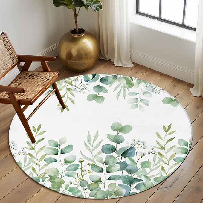 Sage Green Eucalyptus Leaves 7ft Round Rug, Farmhouse Botanical Non-Skid Rubber Backing Large Area Rugs - Living Room Bedroom Home Office, Country Indoor Floor Mat Carpets Washable Rug