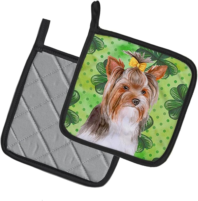 Caroline's Treasures BB9897PTHD Yorkshire Terrier #2 St Patrick's Pair of Pot Holders, Green Kitchen Heat Resistant Pot Holders Sets Oven Hot Pads for Cooking Baking BBQ, 7 1/2 x 7 1/2