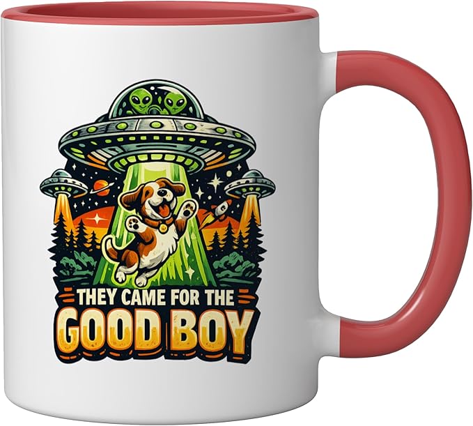 Retro sci-fi dog ufo humor they came for the good boy Ceramic Mug, Red/White