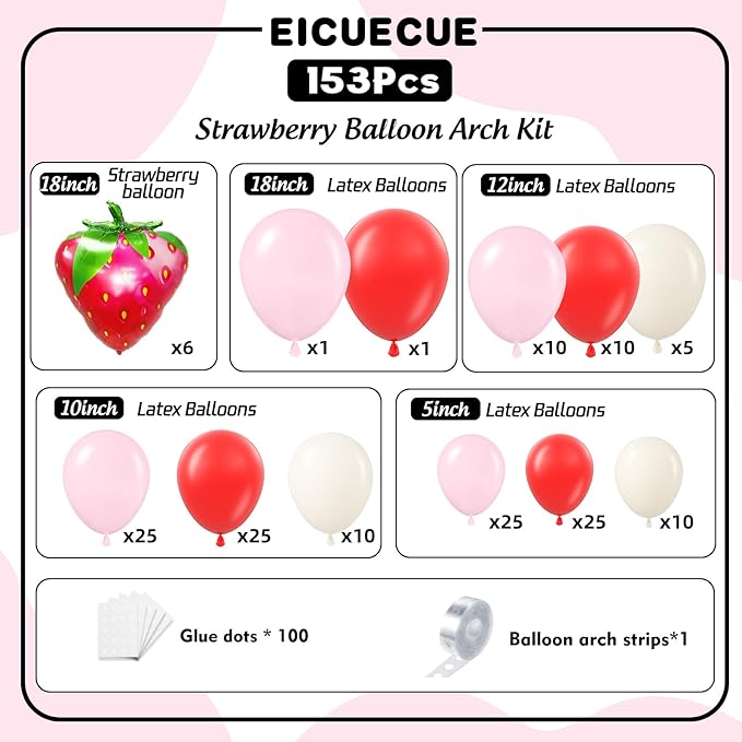 Strawberry Balloons Garland Arch Kit - 153Pcs Different Size Red and Pink Balloons for Girls Sweet One Berry First Birthday Baby Shower Valentine's Day Strawberry Party Decorations