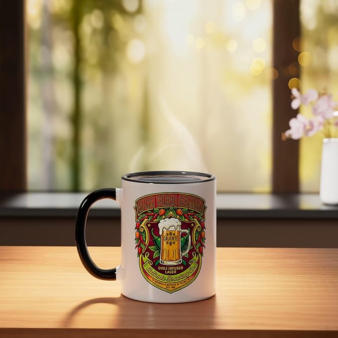 Spicy Fuego Cerveza Chili Texas Drinking Vintage Beer Label Ceramic Mug, Black/White