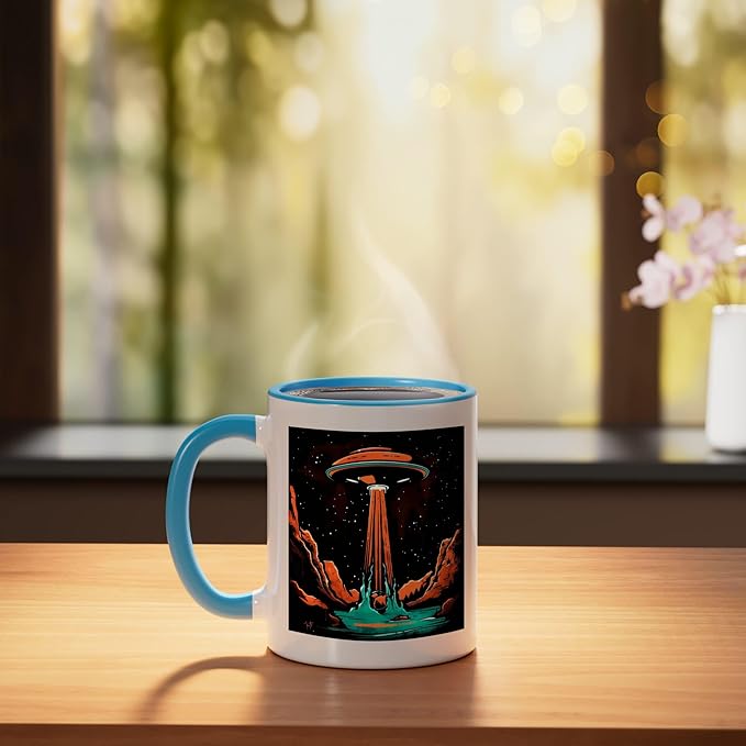 Aliens Abducting people into Flying UFO Saucer Abduction Ceramic Mug, Blue/White