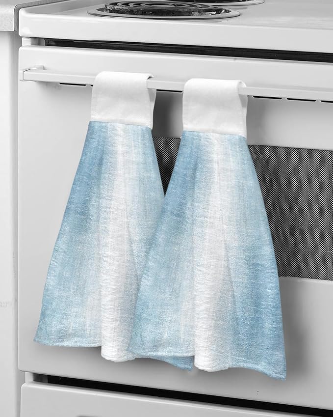 Alandar Home Kitchen Tie Towel Set of 2, Abstract Vintage Oil Painting Art Absorbent Soft Hand Towels for Bathroom Hanging Towels, Blue and White Artwork Texture Fast Drying Cleaning Cloth with Loop