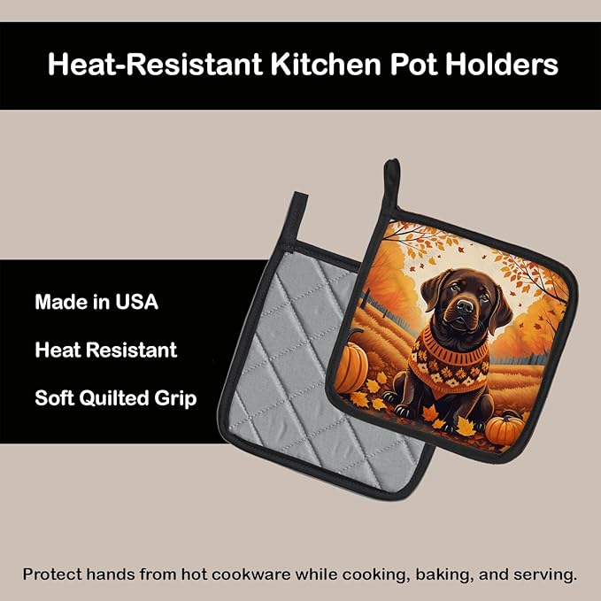 Caroline's Treasures DAC1055PTHD Chocolate Labrador Retriever Fall Pair of Pot Holders Kitchen Heat Resistant Pot Holders Sets Oven Hot Pads for Cooking Baking BBQ, 7 1/2 x 7 1/2