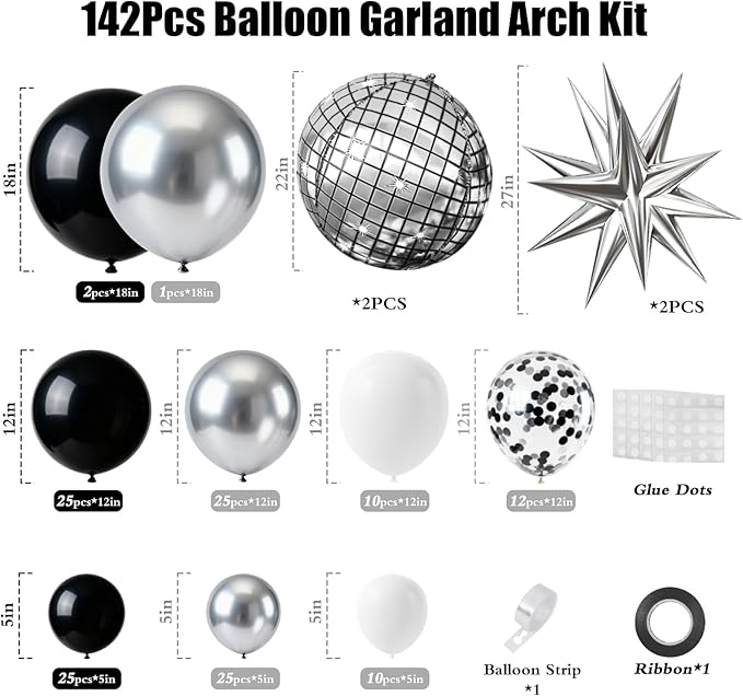 Black and Silver Balloons Arch Kit for Prom Decorations 2026 Graduation Decorations Birthday Party Disco Party Anniversary Decorations