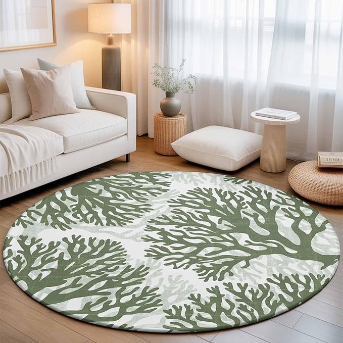 Washable Round Area Rug Deep Forest Green Corals Circle Rugs Floor Carpet for Living Room Bedroom, Retro Marine Life Soft Non Slip Round Rug 5ft