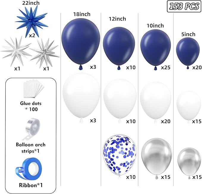 153Pcs Navy Blue and Silver Balloons Garland Arch Kit with Stars -22 18 12 10 5 inch Different Size Royal Blue White Silver Latex Balloon for Birthday Baby Shower Anniversary Party Decorations
