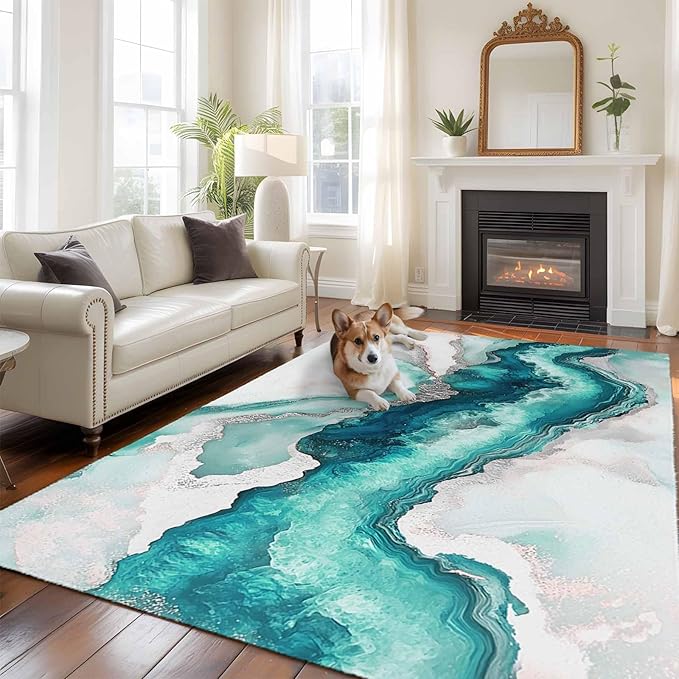 Area Rug 6x9ft, Abstract Blue Marble Texture Washable Rugs for Living Room Bedroom, Modern Luxury Pattern Soft Non-Slip Area Rugs Rectangle Floor Carpet for Dining Room