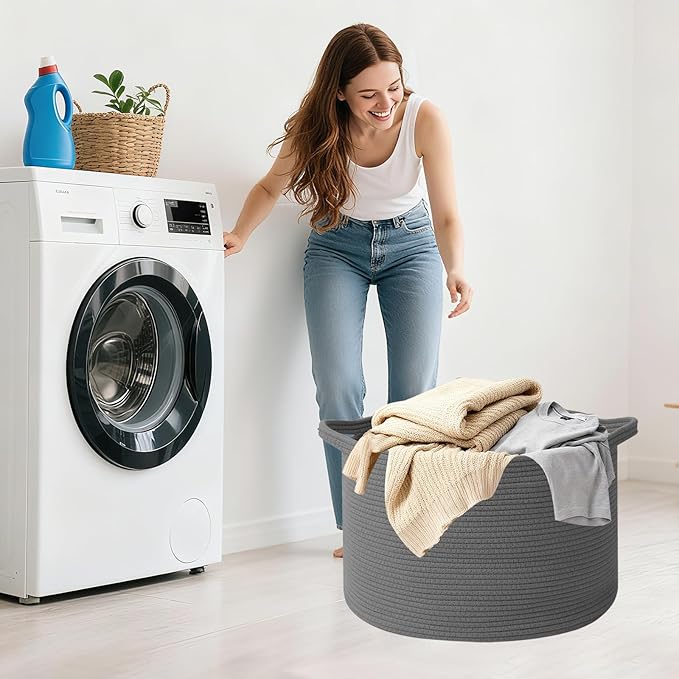 90L Extra Large Blanket Basket,Rope Woven Storage Basket with Handles, Laundry Hamper for Toys, Clothes, Pillows & Towels, Perfect for Living Room, Nursery & Bedroom,Dark Gry