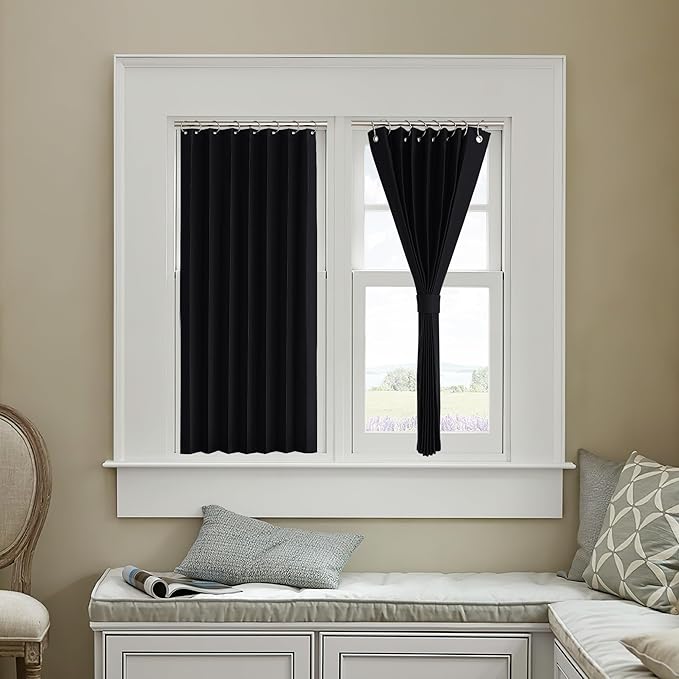 NICETOWN Thermal Insulated Blackout Curtains for French Door, Small Window Tiers Privacy for Bathroom Kitchen Laundry RV for Caravan, 38 inch Wide by 36 in Long, Black, 1 Panel