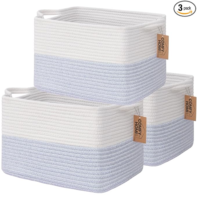 COMFY-HOMI 3PACK Cotton Rope Square Baske with Handles for Shelves|Dog Toy Baske Bin and Storage|Baby Baske for Gift|Shoe Baske for Organizing|13.5" x 11" x 9.5" for Living Room（White/Blue）