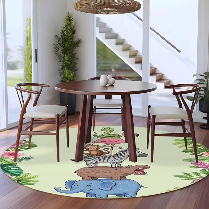 Washable Round Area Rug Funny Elephant Zebra Flamingo Circle Rugs Floor Carpet for Living Room Bedroom, Tropical Leaves Floral Soft Non Slip Round Rug 5ft