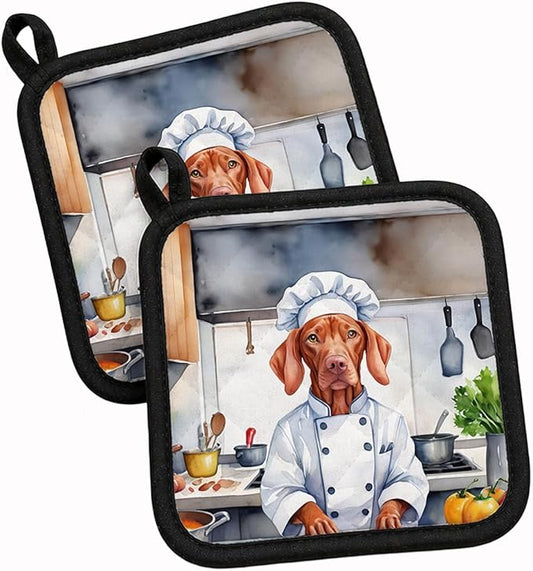 Caroline's Treasures Vizsla The Chef Pair of Pot Holders Kitchen Heat Resistant Pot Holders Sets Oven Hot Pads for Cooking Baking BBQ, 7 1/2 x 7 1/2