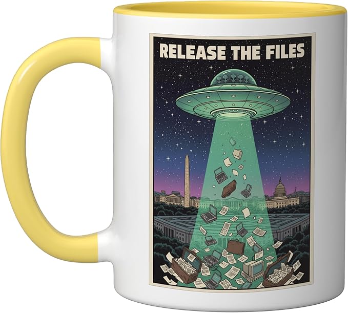 Release the Files UFO Disclosure UAP Alien Conspiracy Ceramic Mug, Yellow/White