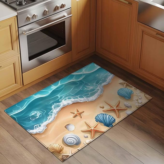 Area Rug 2x3ft, Summer Beach Shell Starfish Washable Rugs for Living Room Bedroom, Marine Life Cartoon Style Soft Non-Slip Area Rugs Rectangle Floor Carpet for Dining Room