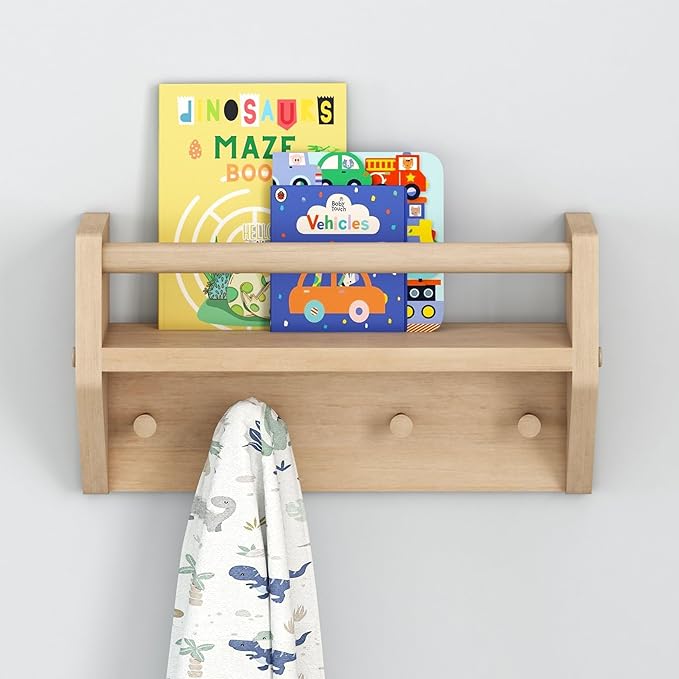 Max & Lily Wall Shelf with Pegs, 16 Inch Floating Bookshelf for Kids Room, Solid Wood Wall-Mounted Storage Shelf with Hooks for Backpacks, Jackets & Décor, Blonde