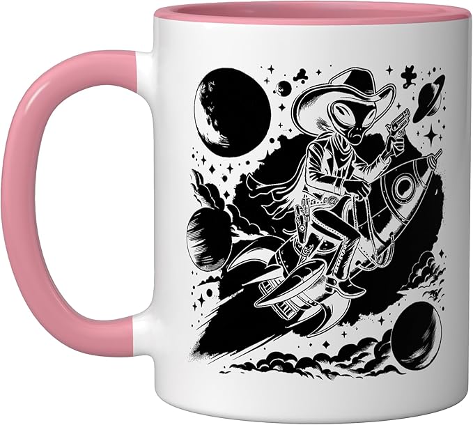Alien Lover Flying Saucer UFO Extraterrestrial Cowboy Ceramic Mug, Pink/White