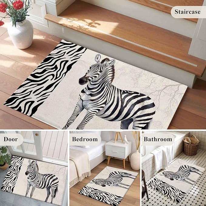 Area Rug 2x3ft, Zebra Black Stripe Animal Portrait Washable Rugs for Living Room Bedroom, Vintage Tree Branch Soft Non-Slip Area Rugs Rectangle Floor Carpet for Dining Room