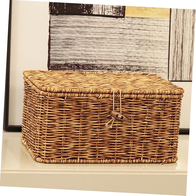 FRCOLOR Imitation Rattan Storage Box with Lid Woven Organizing Sundry Box for Bedroom Bathroom Living Office Neat Orderly Accessory Storage