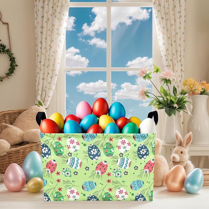 Kid Large Empty Easter Basket Personalized Fabric Easter Basket for Boy and Girl (Easter Egg Green Background)