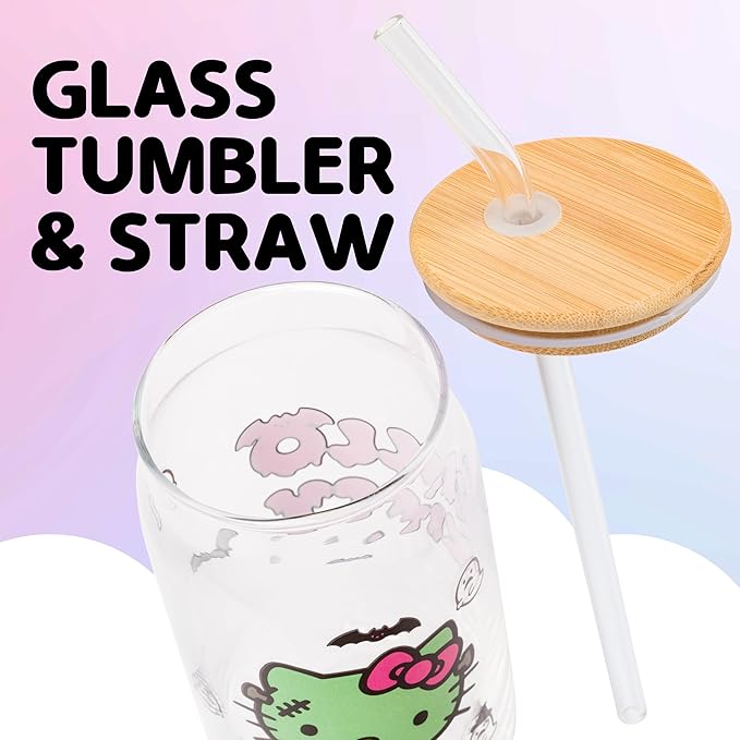 Silver Buffalo Sanrio Hello Kitty Halloween Spooky Frankenstein Glass Jar Tumbler with Bamboo Lid and Glass Straw, 16 ounces