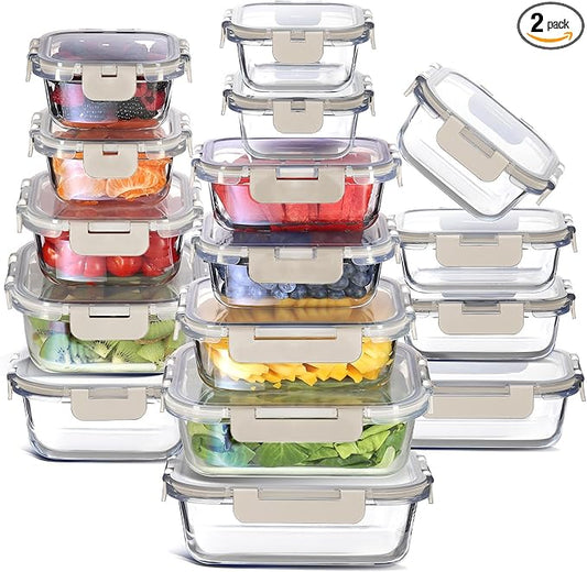 EATEX 32pc Glass Storage Containers with Lids, 16 Glass Food Storage Containers with 16 Airtight Lids for Pantry & Kitchen, Meal Prep Containers for Lunch, Oven Freezer Microwave & Dishwasher Safe