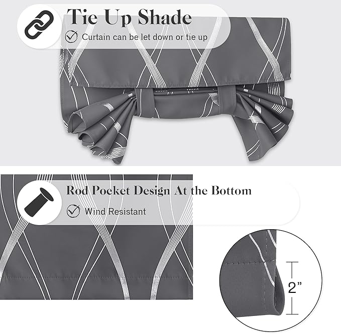 NICETOWN Blackout Door Curtains for Glass Window, Foil Printed French Door Blinds Tie Up Shade Window Covering for Basement Bedroom Livingroom, Grey, W26 X L72, 1 Panel