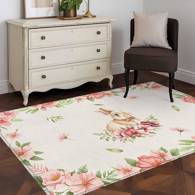 Area Rug 3x5ft, Retro Easter Rabbit on Linen Washable Rugs for Living Room Bedroom, Spring Pastoral Pink Flower Leaf Soft Non-Slip Area Rugs Rectangle Floor Carpet for Dining Room
