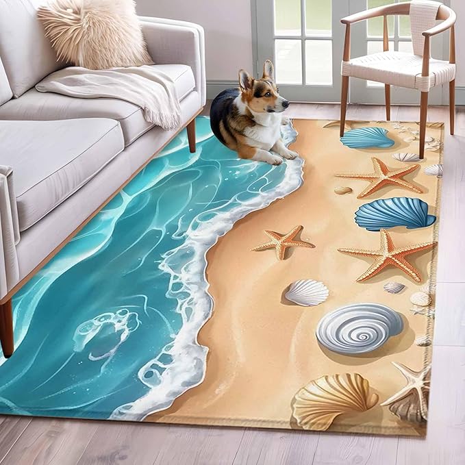 Area Rug 4x6ft, Summer Beach Shell Starfish Washable Rugs for Living Room Bedroom, Marine Life Cartoon Style Soft Non-Slip Area Rugs Rectangle Floor Carpet for Dining Room