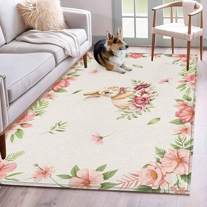 Area Rug 4x6ft, Retro Easter Rabbit on Linen Washable Rugs for Living Room Bedroom, Spring Pastoral Pink Flower Leaf Soft Non-Slip Area Rugs Rectangle Floor Carpet for Dining Room