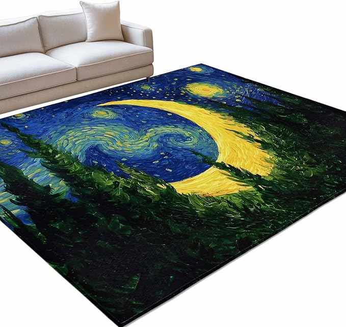 Area Rug 4x6ft, Giant Moon Forest Expressionist Art Washable Rugs for Living Room Bedroom, Dreamy Night Navy Blue Soft Non-Slip Area Rugs Rectangle Floor Carpet for Dining Room