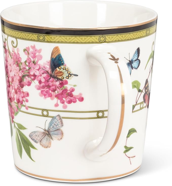 Abbott Collection Butterfly Garden Mug - Bone China, White/Green, 4"H (15oz)