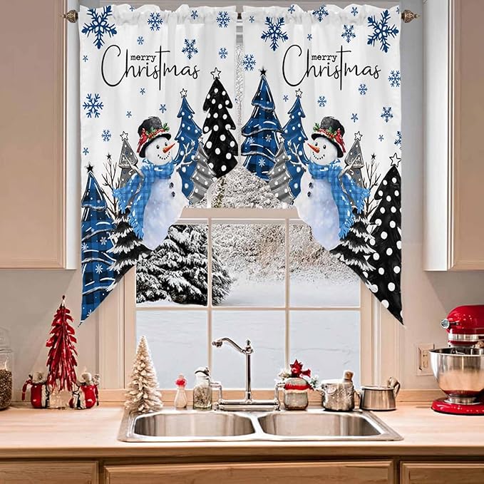 Prime Leader Merry Christmas Swag Valance Curains Snowflake Blue Xmas Tree Snowman Rod Pocket Kitchen Curtains Scalloped Window Treatment Valances Swag for Living Room Bedroom, 1 Pair, 28" W x 36" L
