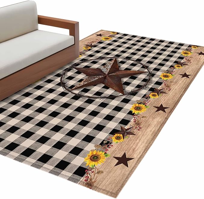 Area Rug 4x6ft, Western Star Farm Sunflower Washable Rugs for Living Room Bedroom, Vintage Wood Grain Black Buffalo Plaid Soft Non-Slip Area Rugs Rectangle Floor Carpet for Dining Room