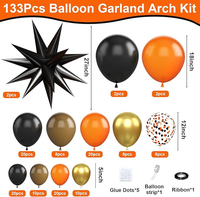 Black Orange Arch Kit Garland with Gold Brown Balloons Star Balloons for 2026 Graduation Decorations Boys Birthday Basketball Sport Event Anniversary Party Decorations