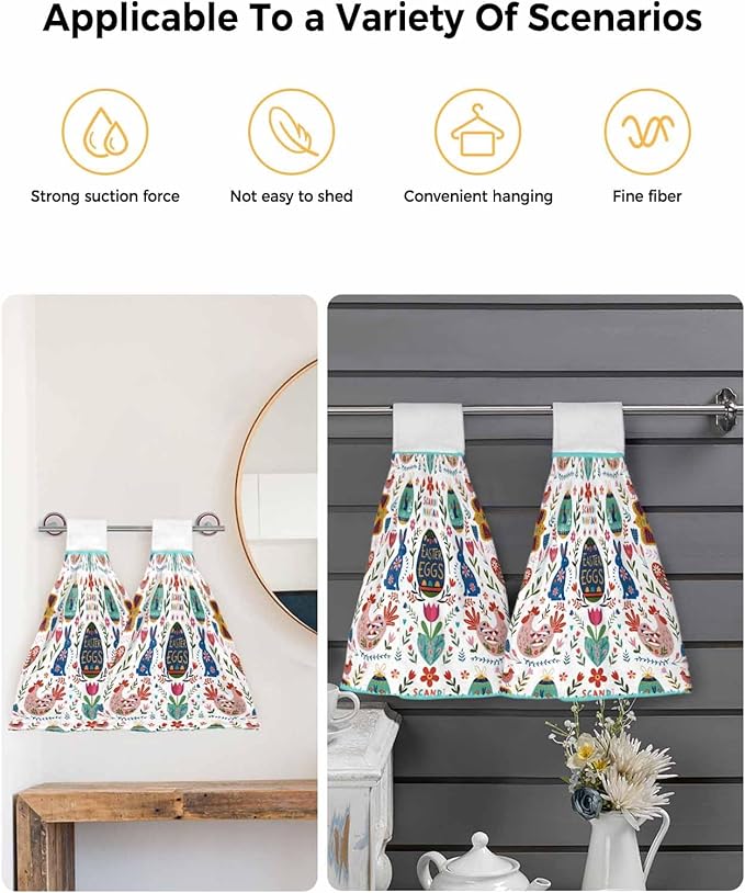 Alandar Home Kitchen Tie Towel Set of 2, Bohemian Ethnic Easter Eggs Blossom Flowers Bunny Absorbent Soft Hand Towels for Bathroom Hanging Towels, Tribe Boho Fast Drying Cleaning Cloth with Loop