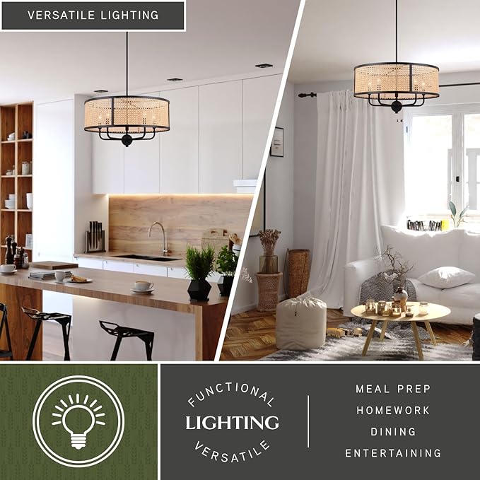 VAXCEL Berens 5 Light Matte Black Modern Farmhouse Drum Pendant Fixture with Rattan Cane Shade