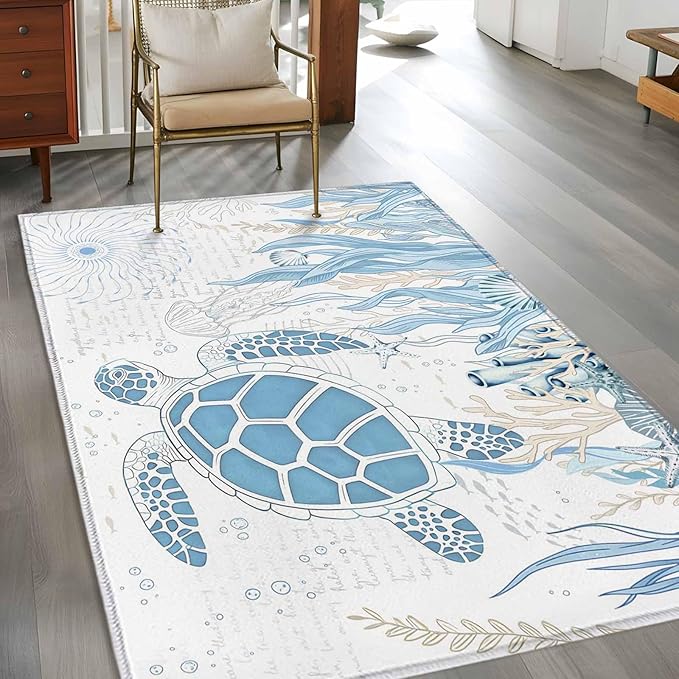 Area Rug 3x5ft, Blue Sea Turtles Stars Corals Washable Rugs for Living Room Bedroom, Vintage Marine Life Soft Non-Slip Area Rugs Rectangle Floor Carpet for Dining Room