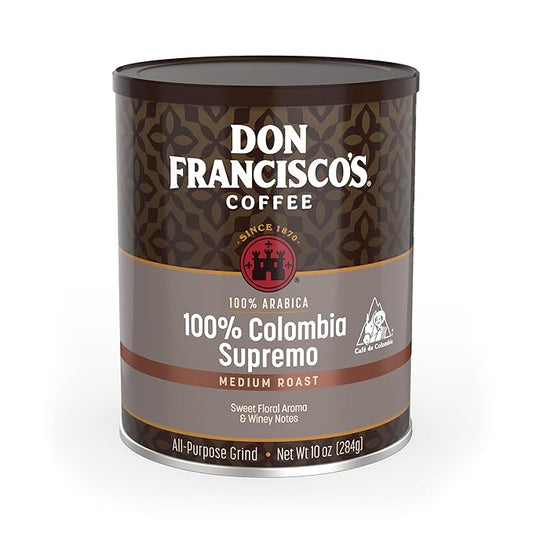 Don Francisco's Premium Colombia Supremo Ground Coffee: Rich, Aromatic 100% Arabica Beans - Family Crafted Flavored Coffee for a Delightful Morning Brew (10 oz Can)