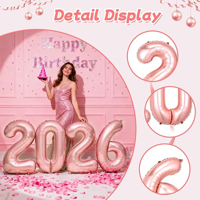 Rose Gold 2026 Balloons, 16 Inch Foil 2026 Number Balloons, Grad Balloons for Class of 2026 Graduation Party, Rose Gold Matellic Foil New Year Birthday Home Office Party Supplies