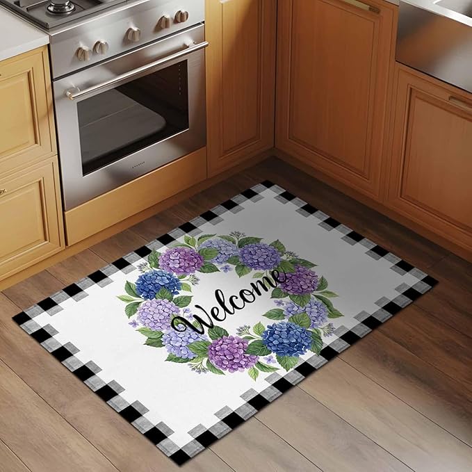 Area Rug 2x3ft, Summer Hydrangea Leaf Washable Rugs for Living Room Bedroom, Purple Blue Flower Buffalo Check Soft Non-Slip Area Rugs Rectangle Floor Carpet for Dining Room