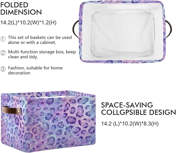 Glitter Leopard Purple Rectangular Storage Bin Basket with Handles - Nursery Storage Laundry Hamper Storage Baskets