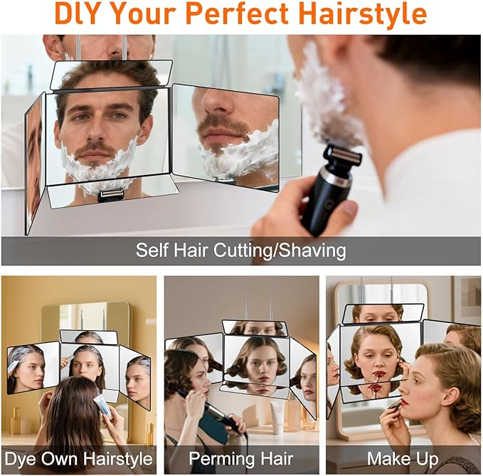 LMZNXCZ 5 Way Mirror for Self Hair Cutting, 360 Haircuts Mirror Men for Barber Use Tools, to See Back of Head, Tri Fold with Portable Height Adjustable Telescoping Hooks