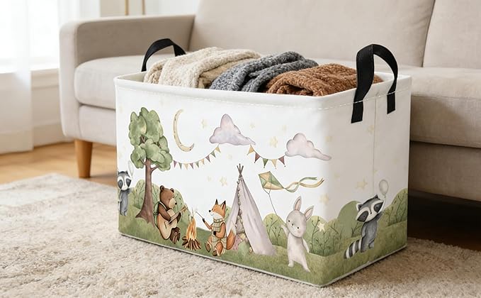 Essme Rectangular Animal Basket,Camping Baskets Empty with Handles,Cute Baskets for kids Room Decor,Boys and Girls, Gift Basket,(Camping animal)