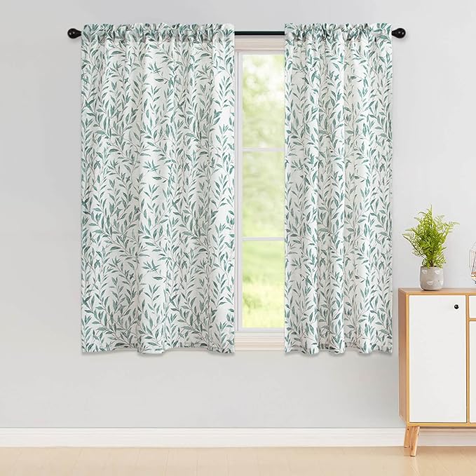 VOGOL Natural Curtains & Drapes for Living Room, 54 Inch Length Lovely Leaves Pattern Window Treatment, Rod Pocket Top for Living Room Bedroom Kitchen, 42 x 54 Inch, 2 Panels